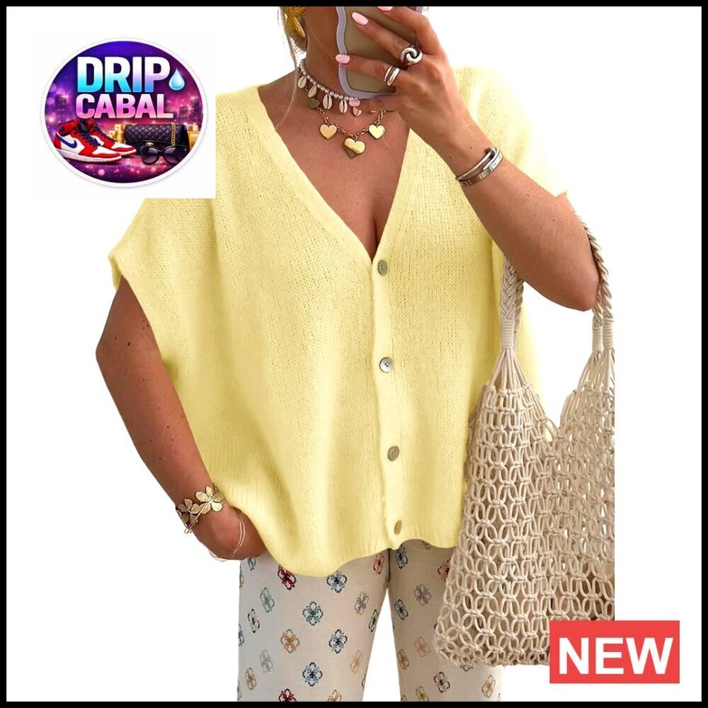 Oversized Batwing Sleeve V Neck Button Cardigan Lightweight Knit Casual Top